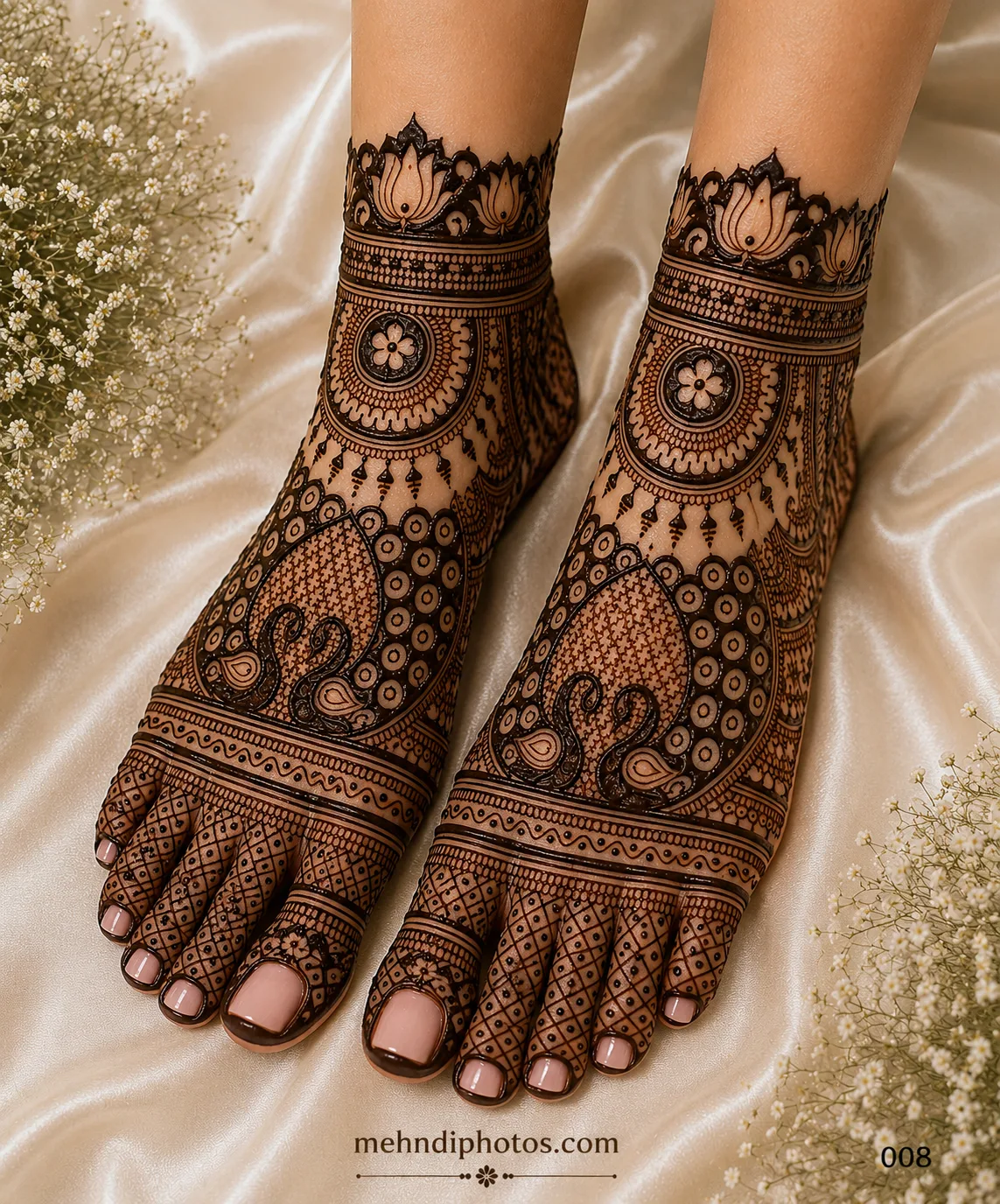 Traditional full foot mehndi design with paisley motifs, floral circles, decorative ankle bands, and intricate toe patterns for brides and festive occasions.