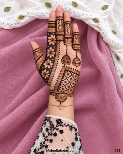 Diwali front hand mehndi design featuring hanging jhumkas, a bold floral negative-space panel, geometric latticework, finger bands, and dotted borders.