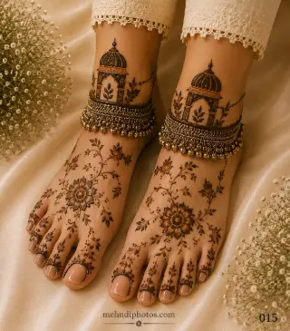 Elegant foot mehndi design featuring floral patterns, leafy vines, royal palace dome motifs, and simple traditional henna artwork on both feet.