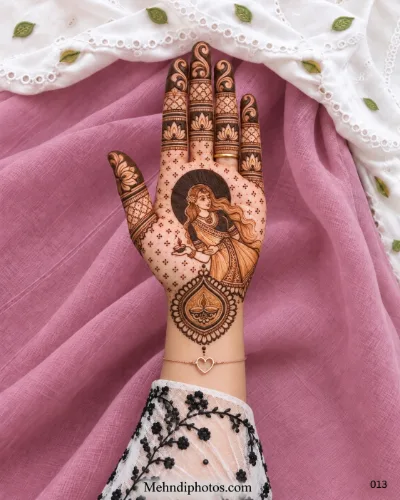 Diwali front hand mehndi design with a traditional woman holding a diya, lotus finger motifs, paisley tips, dotted fillers, and a wrist diya medallion.