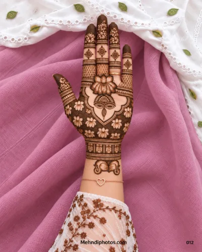 Diwali front hand mehndi design featuring a Lakshmi face, shaded lotus, floral negative-space fill, lattice fingers, mandalas, and wrist ornament.