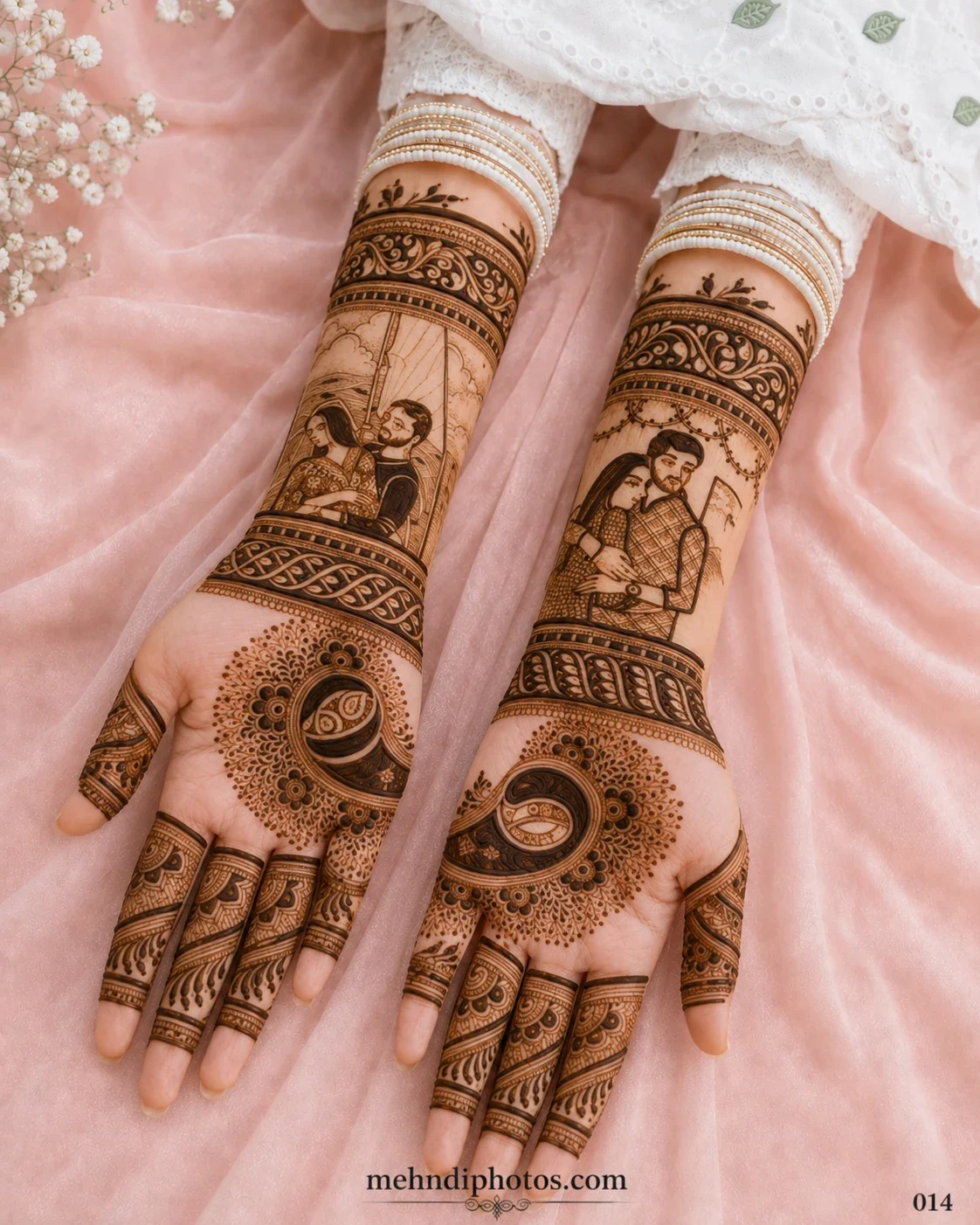 Bridal full hand mehndi design featuring romantic couple portraits, circular mandala patterns, floral details and traditional motifs.