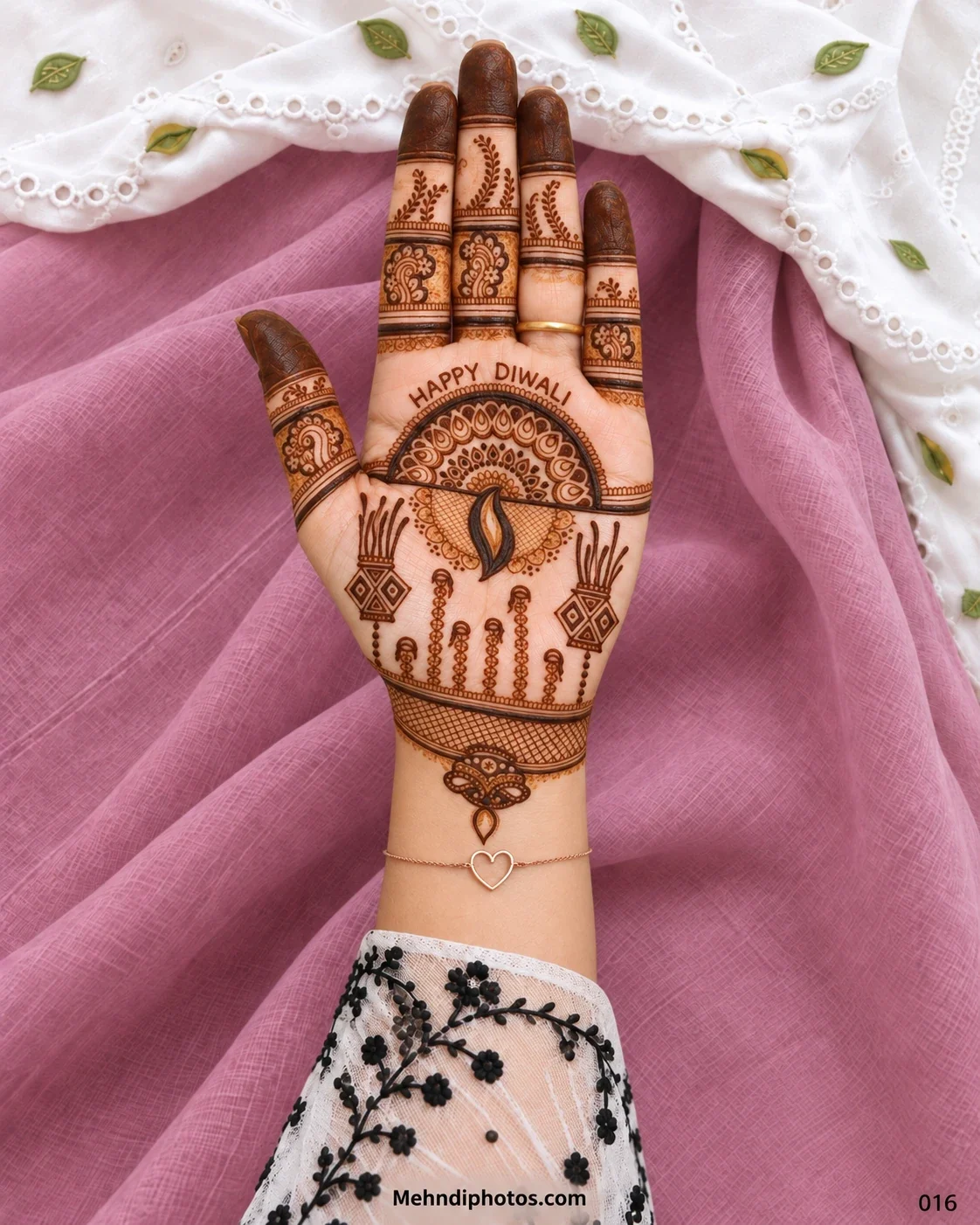 Diwali front hand mehndi design with Happy Diwali lettering, a diya mandala, firecracker-inspired motifs, paisley finger bands, and dark fingertips.