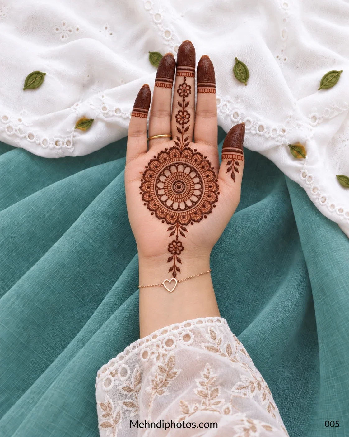 Front hand with detailed floral gol tikki, vine motifs, and shaded fingertips