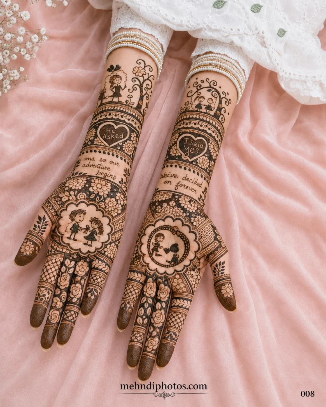 Romantic love story mehndi design with couple illustrations, heart motifs and floral patterns on both hands
