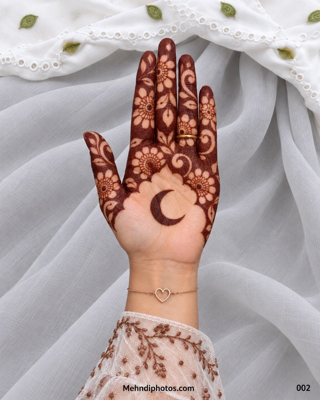 Eid front hand mehndi design featuring a crescent moon in open negative space surrounded by dense flowers, leafy vines, paisley curves, and shaded fingers.