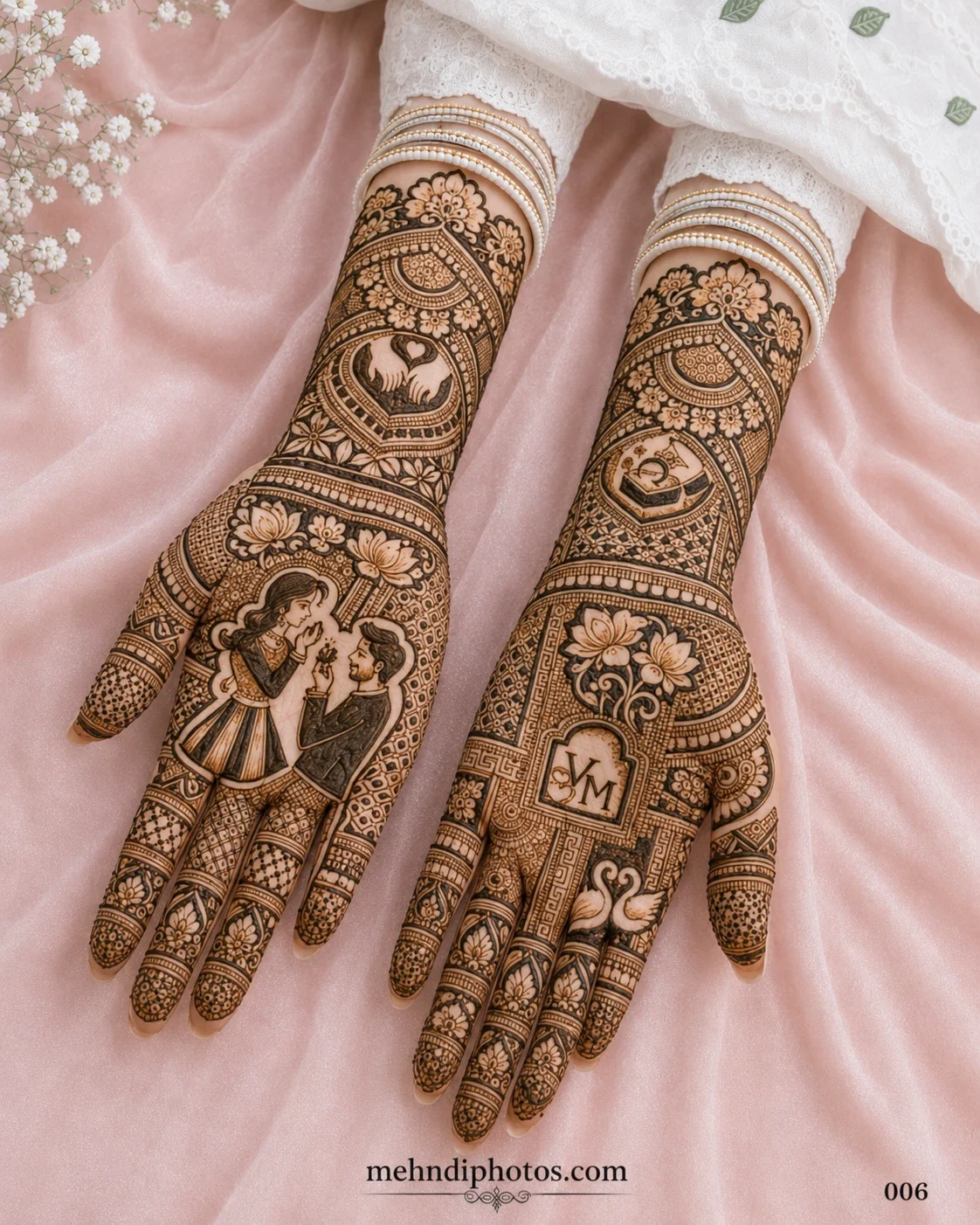 Royal bridal mehndi design featuring a wedding couple portrait, floral patterns and swan motifs on both hands