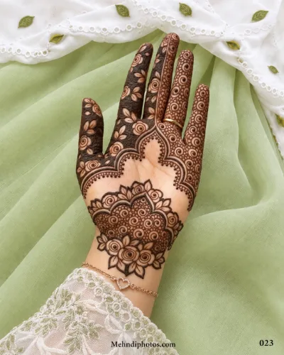 Front hand mehndi design with a large scalloped open space, dark floral fingers, circular lace motifs, leafy details, and a floral wrist cluster.