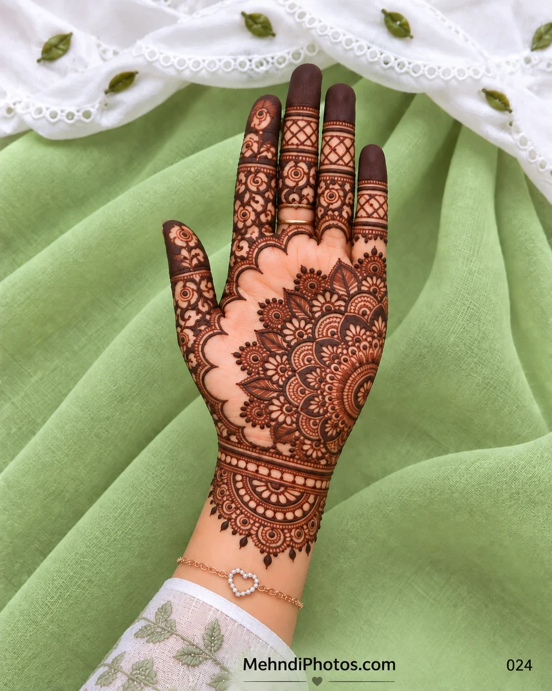 Front hand mehndi design with a detailed half mandala, layered flowers and leaves, scalloped open space, lattice finger bands, and an ornate wrist.