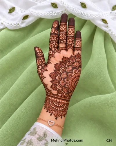Front hand mehndi design with a detailed half mandala, layered flowers and leaves, scalloped open space, lattice finger bands, and an ornate wrist.