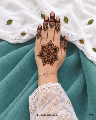 Back hand with six-petal gol tikki mandala and shaded finger panels