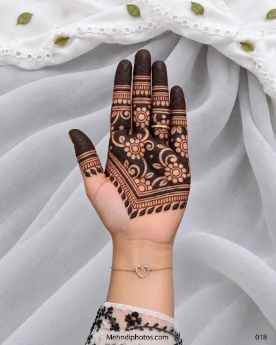 Eid front hand mehndi featuring bold negative-space flowers and vines across the upper palm with dark fingertips and a V-shaped leafy border.