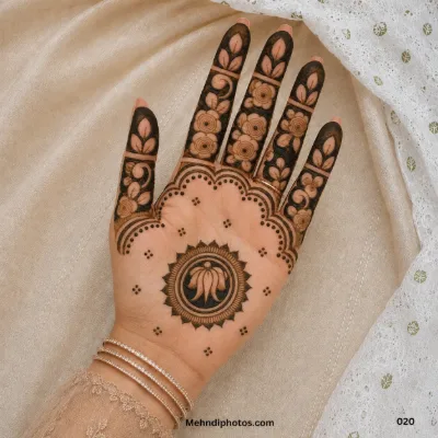 Front hand with a central floral lotus mandala, scalloped palm border, dotted accents and dark floral finger panels.