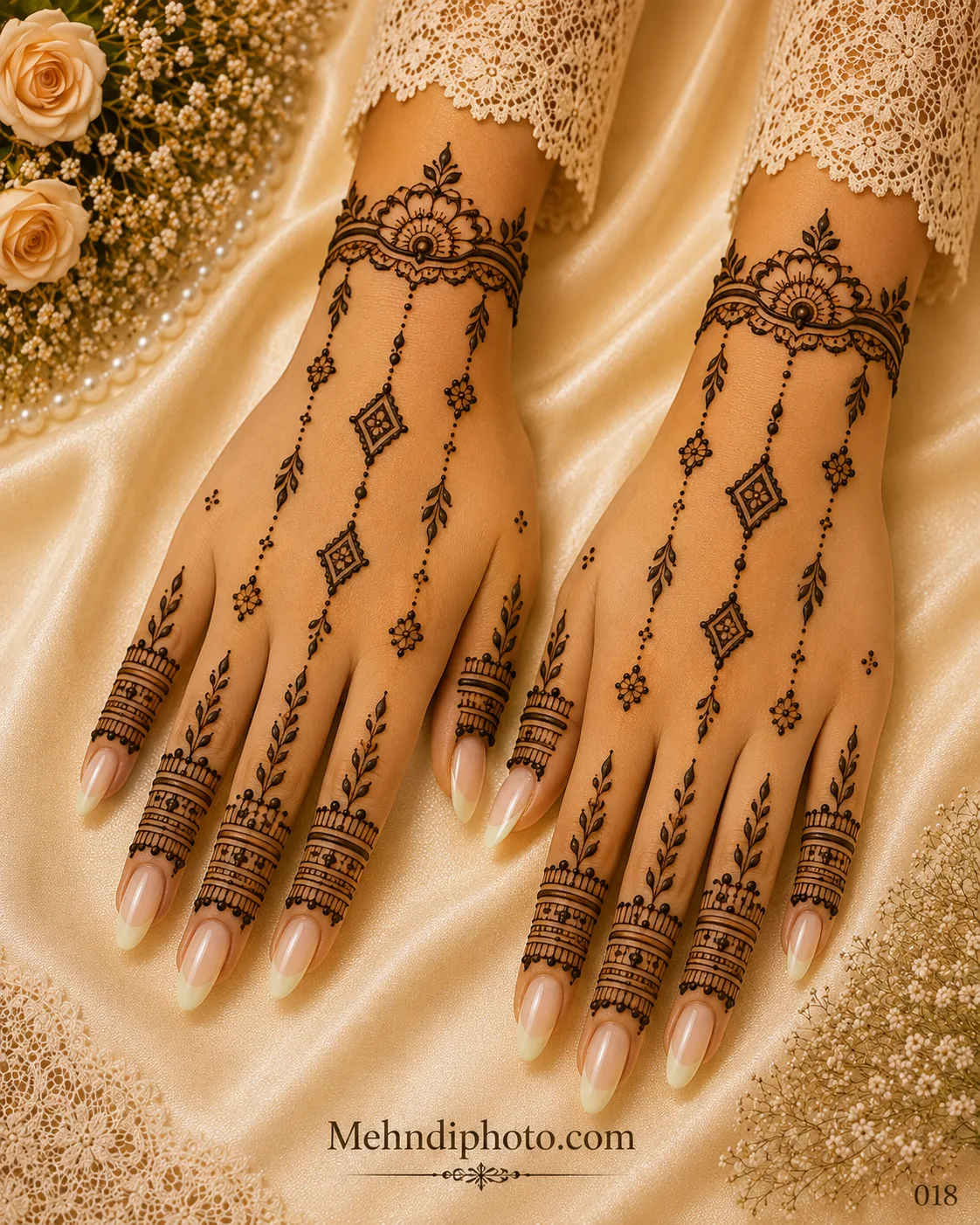 Simple back hand mehndi design on both hands with floral wrist bracelets, hanging diamond pendants, leafy chains and decorative finger bands