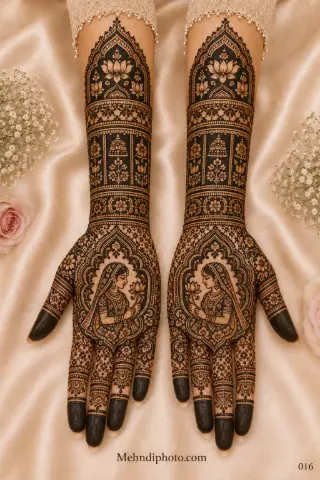 Full hand bridal mehndi design on both palms and forearms featuring Indian bride portraits holding lotus flowers, ornate arches, floral jaali patterns and dark fingertips.