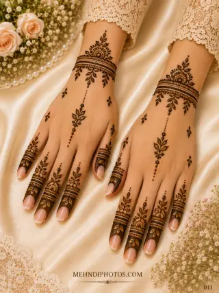 Simple back hand mehndi design on two hands with leafy wrist bracelets, central vine motifs, scattered leaves and decorated fingertips.