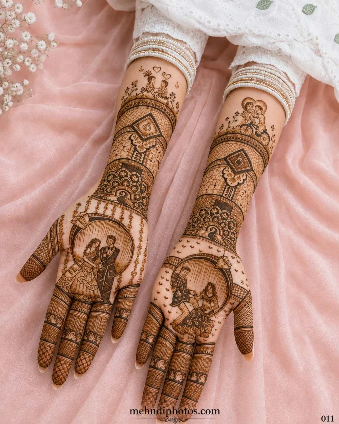 Bridal full hand mehndi design featuring romantic couple portraits, floral patterns, paisley motifs and detailed traditional artwork.