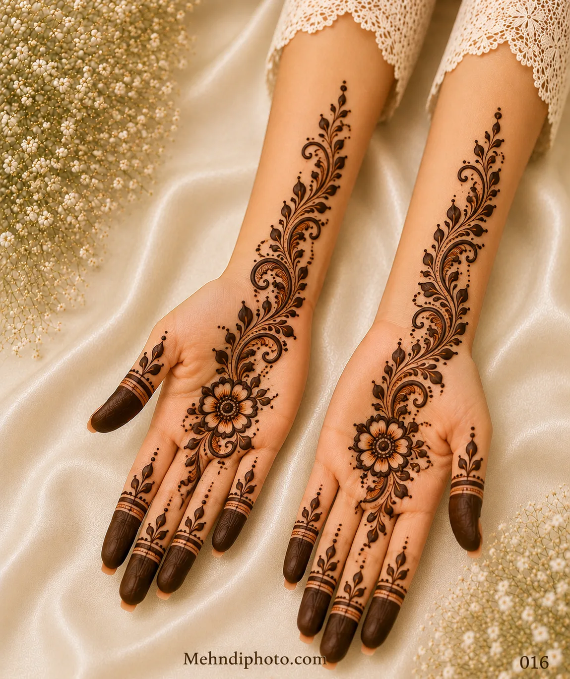 Elegant floral vine front hand mehndi design with detailed flower and flowing leafy vine from palm to forearm, simple full hand Indian mehndi design for girls and women.