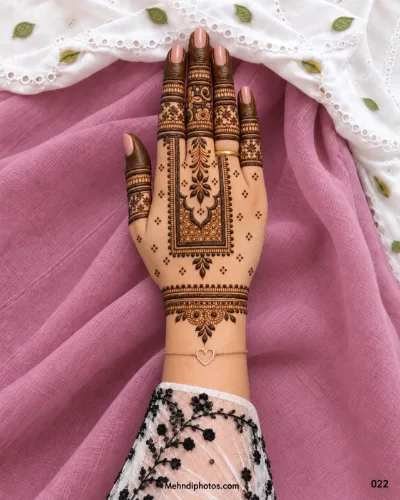Diwali back hand mehndi design with a rectangular jewellery-style panel, leafy floral motifs, patterned finger bands, dark fingertips, and an ornamental wrist border.