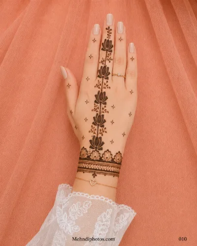 Back hand with a vertical lotus flower vine extending from the middle finger to a detailed lotus bracelet border at the wrist.
