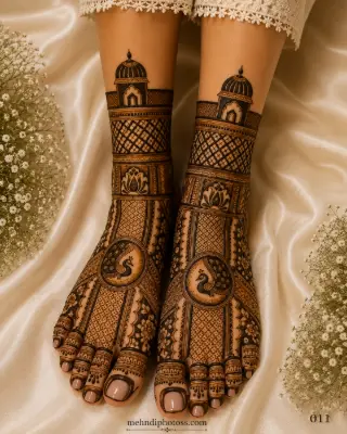 Royal bridal foot mehndi design with peacock motifs, palace-inspired artwork, floral borders, and intricate traditional henna covering both feet.