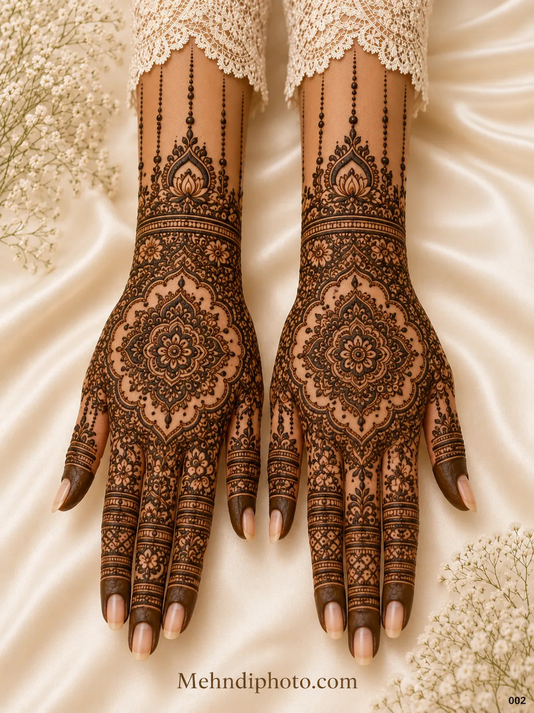 Elegant back hand bridal mehndi design with large mandala patterns, floral detailing, lotus wrist motifs and intricate finger designs on both hands.