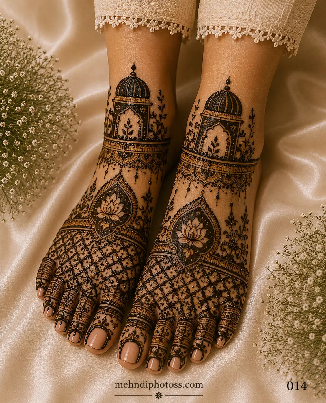 Royal bridal foot mehndi design featuring palace dome motifs, lotus flowers, intricate jaali patterns, and detailed traditional henna covering both feet.