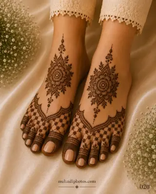 Elegant floral foot mehndi design with large mandala flowers, leafy details, lace-style borders, and geometric toe patterns on both feet for bridal and festive occasions.