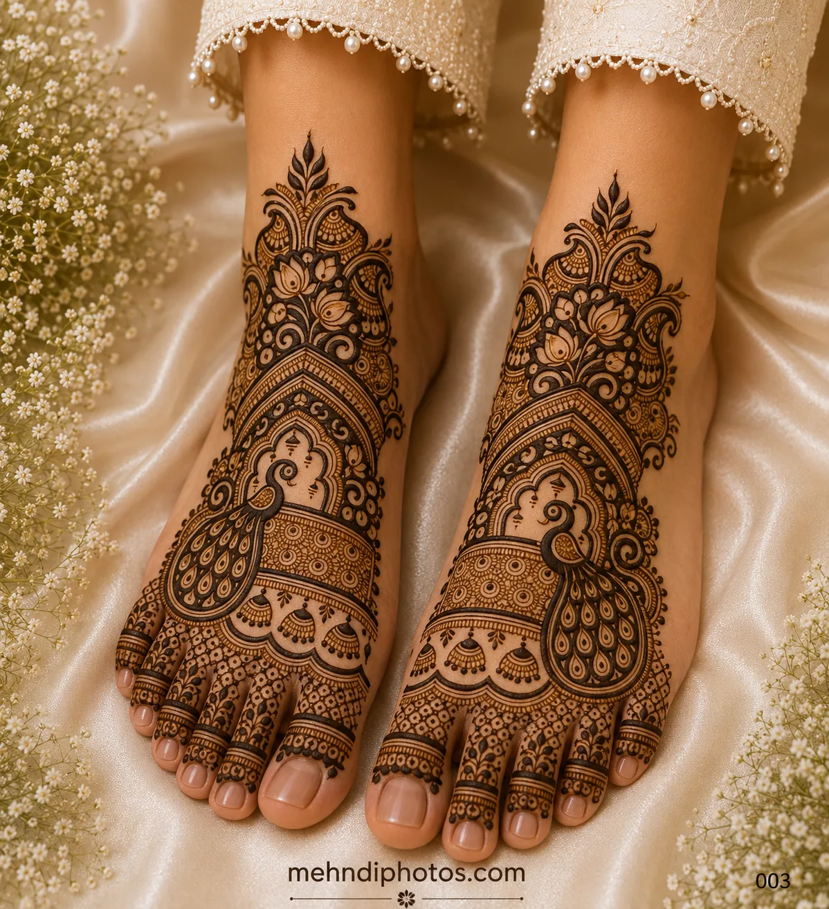 Royal bridal foot mehndi design on both feet featuring large peacocks, lotus flowers, temple arches, floral jaali work and decorated toes.