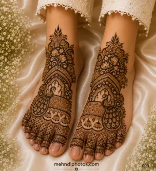 Royal bridal foot mehndi design on both feet featuring large peacocks, lotus flowers, temple arches, floral jaali work and decorated toes.