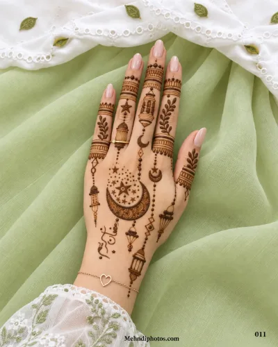 Back hand with a large crescent moon, stars, hanging lanterns, jewellery-style chains, leafy sprigs and decorative finger bands.