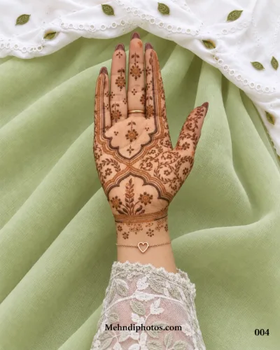 Front hand with a Muslim mehndi design featuring a framed open palm, small flowers, circular leafy vines and a botanical wrist panel.