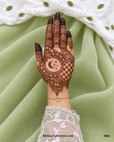 Front hand with a crescent moon and stars inside a floral frame, surrounded by mandala motifs, latticework and dark filled fingertips.