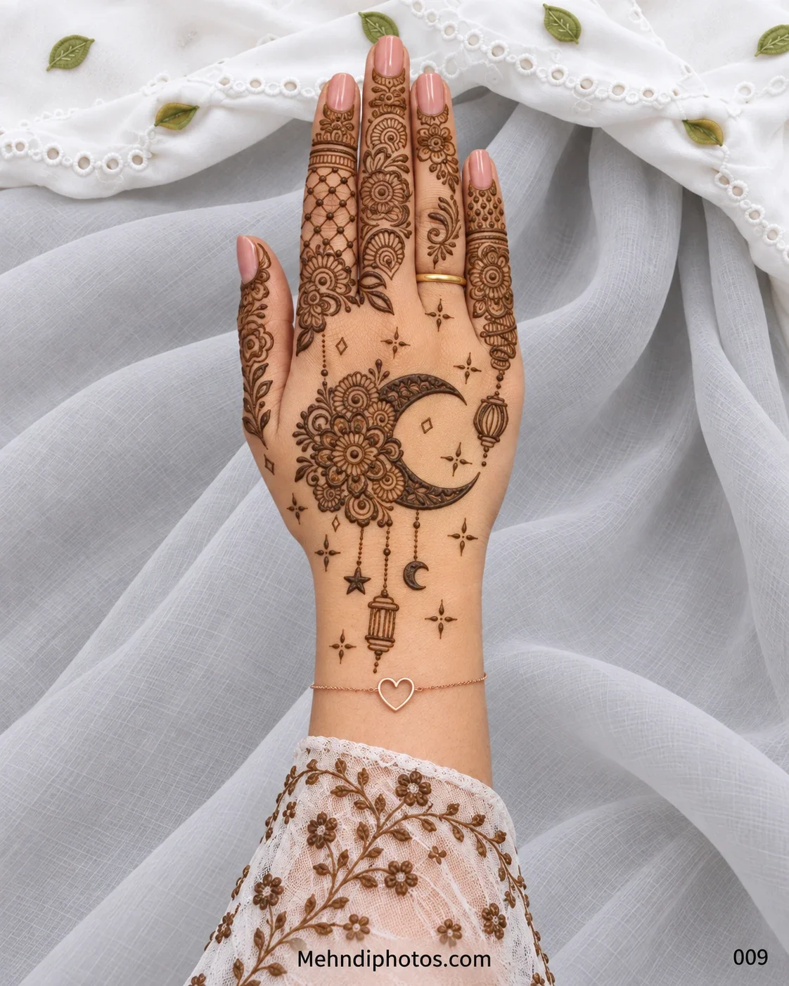 Eid back hand mehndi featuring a floral crescent moon with hanging lanterns, a star, small moon, sparkles, and detailed floral finger patterns.