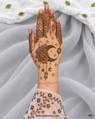 Eid back hand mehndi featuring a floral crescent moon with hanging lanterns, a star, small moon, sparkles, and detailed floral finger patterns.