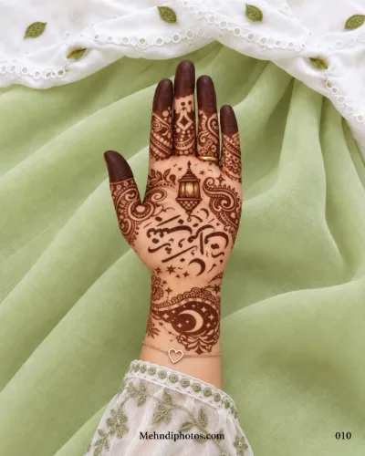 Front hand with Eid Mubarak Arabic calligraphy, a hanging lantern, crescent moons, stars, paisley borders and dark filled fingertips.