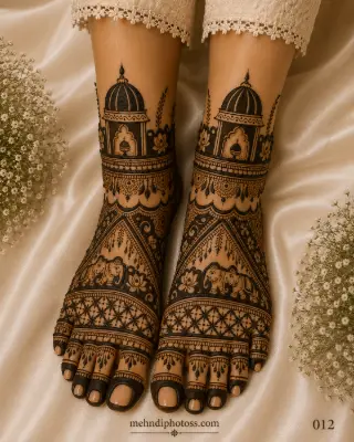 Royal bridal foot mehndi design featuring elephant motifs, palace dome patterns, floral borders, and intricate traditional henna covering both feet.