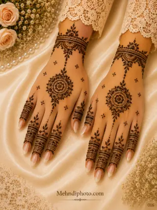 Minimal back hand mehndi design on two hands with central mandala motifs, bracelet-style wrist patterns, finger bands and tiny floral details
