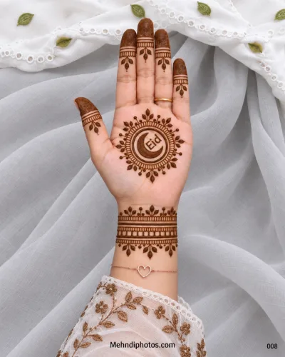 Eid front hand mehndi featuring a crescent moon and Eid text inside a leafy circular mandala with dark fingertips and a decorative wrist band.