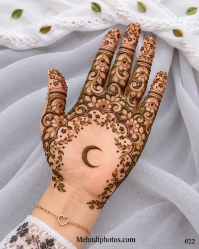Eid front hand mehndi featuring a crescent moon on an open palm surrounded by a scalloped leafy frame, dense flowers, curls, and finger bands.
